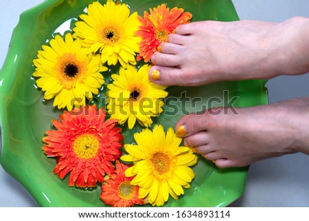 Female feet in the spa bowl with water and flowers before foot massage