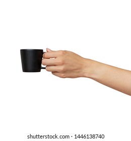 Female Feminine Hand Hold Small Coffee Cup Isolated On White Empty Background