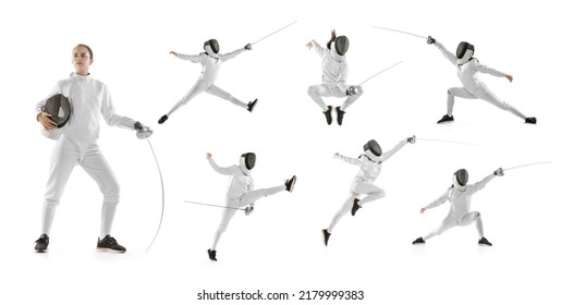 female fencer in motion. Photo set with images of teen girl in fencing costume with sword in hand isolated on white studio background. Copyspace for ad. Sport, youth, healthy lifestyle.