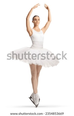 Female figure skater in a white tutu dress isolated on white background