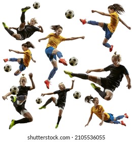 Female football. Set made of professional soccer players with ball in motion, action isolated on white studio background. Attack, defense, fight, kick. Group of girls in football kits. Square