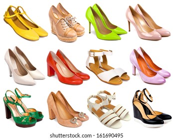 Female footwear collection on white background