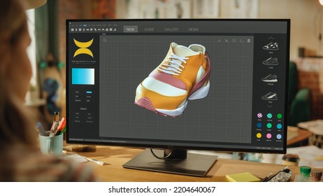 Female Footwear Designer Creating And Rendering 3d Model Of Shoe. Working On Powerful Desktop Computer In Creative Space. Sneaker Production Process Concept. Over The Shoulder.