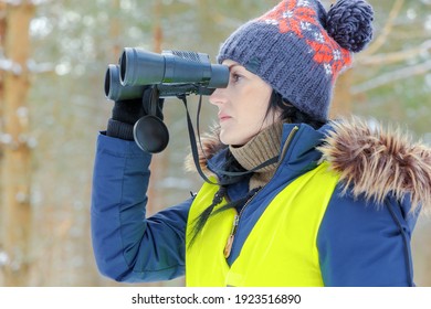 Female Forester Inspecting Forest In Winter