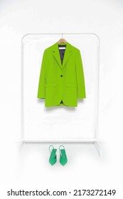 Female, Formal Green Suit, Jacket On Hanger With Green Shoes –white  Background