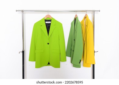 Female, Formal Green With Yellow, Suit, Jacket On Hanger –white Background