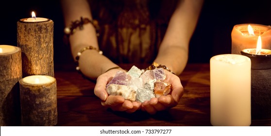 Female Fortune Teller Holding Healing Stones, Concept Esoteric And Life Coaching