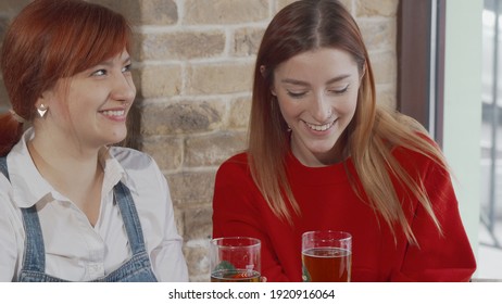 Female friends chatting at the beer pub. Two young women having fun together, drinking beer and talking at the bar. Communication, weekend, leisure concept