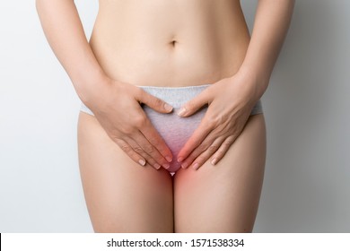 Female genital health concept. Inflammation of the ovaries or bladder in women. Gynecology. Painful menstrual period. Venereal diseases.