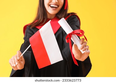 Female graduate student with diploma and flag of Poland on yellow background, closeup