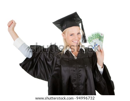 Female graduate student holding money
