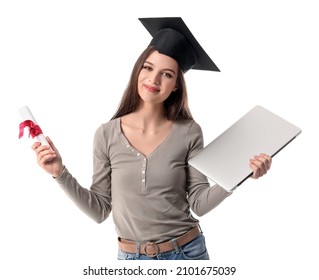 Female Graduating Student With Diploma And Laptop On White Background