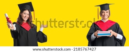 Female graduating students on yellow background with space for text
