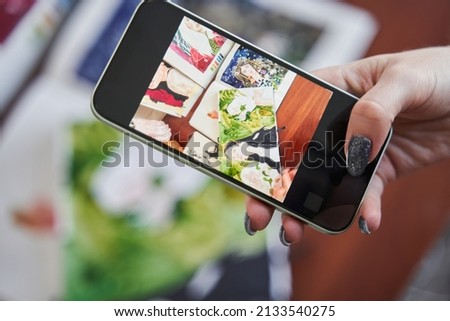 Similar – Image, Stock Photo Young hands taking photos with smartphones to vegetable skewers