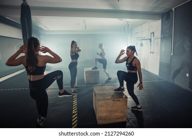 A Female Group Having Functional Fitness Training Doing Standing Crunches And Step Up In Sport Gym