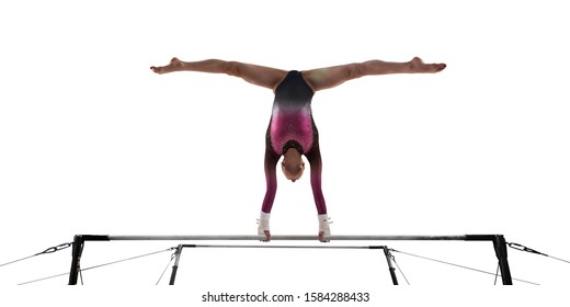 
Female gymnast doing a complicated trick on gymnastic horizontal bar isolated on white.