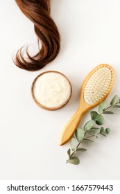 Female Hair, Hair Mask And Bamboo Comb On White Background Top View, Flat Lay. Copy Space. Self Care, Hair Treatment  Concept.