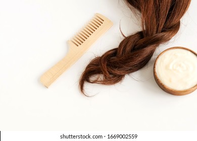 Female Hair, Hair Mask And Bamboo Comb On White Background Top View, Flat Lay. Copy Space. Self Care, Hair Treatment  Concept.