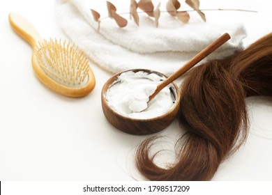 Female Hair, Hair Mask And Bamboo Comb On White Background Top View, Flat Lay. Copy Space. Self Care, Hair Treatment  Concept.