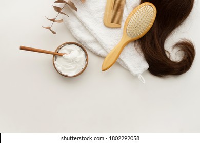 Female Hair, Hair Mask And Bamboo Comb On White Background Top View, Flat Lay. Copy Space. Self Care, Hair Treatment  Concept.