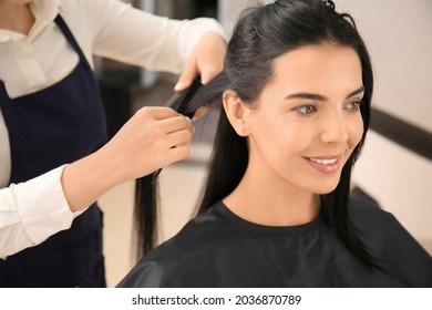 Female Hairdresser Straightening Womans Hair Salon Stock Photo ...