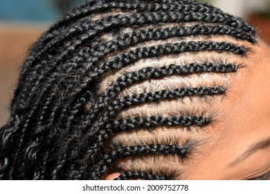 female hairstyle with braids in rows, braided hair, close-up.Map,escape paths and mazes