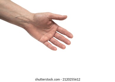 Female hand 46 years old with an open palm spread fingers close-up mockup isolate on a white background, - Shutterstock ID 2120255612