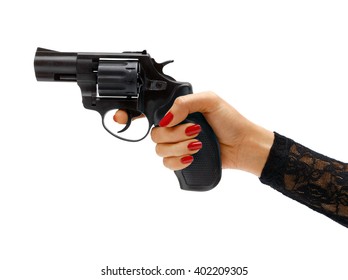 Female hand aiming revolver gun / studio photography of woman's hand holding handgun - isolated on white background. Business concept