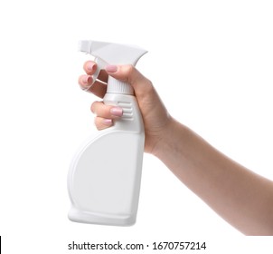 Female hand with air freshener on white background