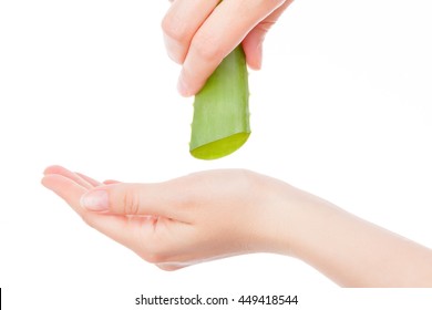 Female Hand Applying Aloe Vera Gel On A Skin Burn. Natural Alternative Medicine.