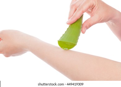 Female Hand Applying Aloe Vera Gel On A Skin Burn. Natural Alternative Medicine.