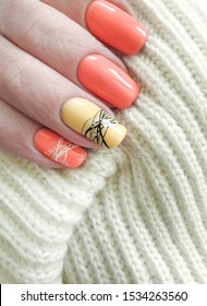 female hand beautiful manicure orange
