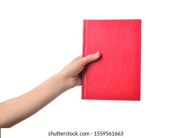 Female hand with book on white background