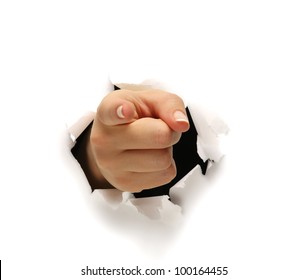 A Female Hand Breaking Through Paper Pointing At You