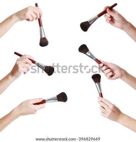 Female hand with brush for make-up isolated on white, collage