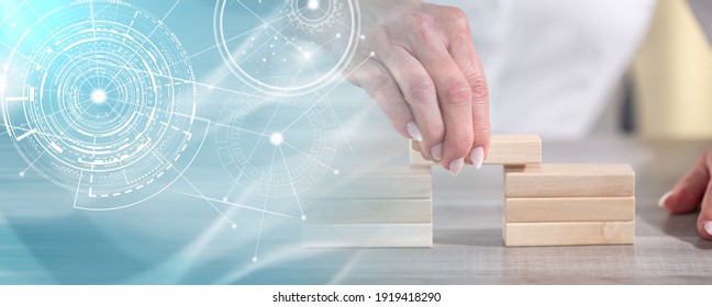 Female Hand Building A Bridge With Wooden Blocks; Concept Of Association; Panoramic Banner