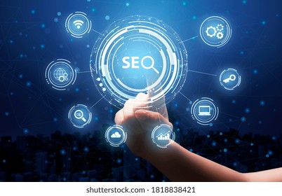 Female Hand Clicking Seo Keyword On Virtual Panel Choosing Seo-Optimization Tools Over Blue Background. Internet Content Optimization Services For Online Business Concept. Collage, Cropped