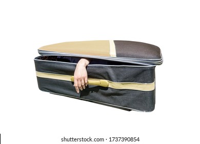 Female Hand Coming Out Of A Suitcase. Imitation Of The Murder Of A Woman By A Maniac Or Serial Killer.