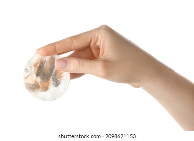 Female Hand With Dirty Cotton Pad On White Background, Closeup