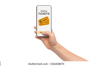 Female Hand Downloading Event Tickets App To Smartphone Over White Background.