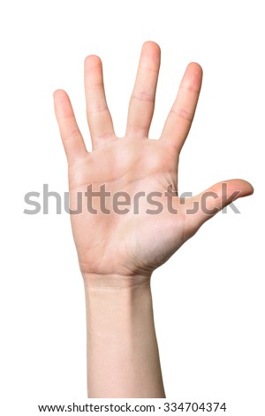 Female hand extended in greeting isolated on white.