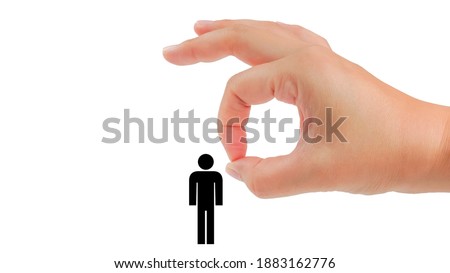 Female hand flicking away a person icon. Isolated on white background.
