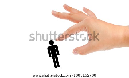 Female hand flicking away a person icon. Isolated on white background.
