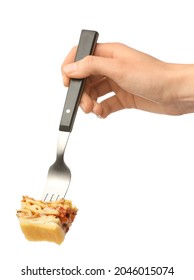 Female Hand And Fork With Lasagna On White Background