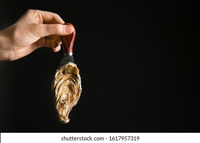 Female hand with fresh oyster and knife on dark background