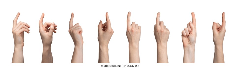 Female hand gestures isolated on white background. Palm, arm holding, pointing with index finger, wrist signs. Human woman showing different nonverbal communication symbols. Set of clear, empty space - Powered by Shutterstock