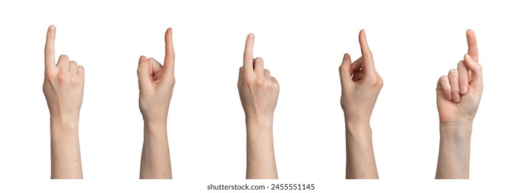 Female hand gestures, palm pointing up, side, front, back. Woman s fingers holding, touching, tapping screen, pressing button. Business communication symbols, nonverbal signs set isolated on white - Powered by Shutterstock