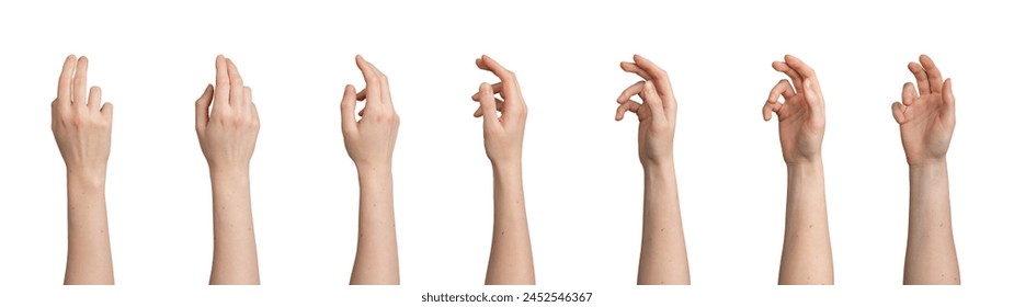 Female hand gestures. Rotation, spinning motion. White background. Isolated icon set showing rotating palm, wrist, finger movements. Abstract concept of nonverbal communication. स्टॉक फ़ोटो