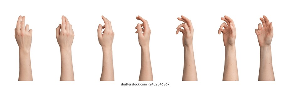 Female hand gestures. Rotation, spinning motion. White background. Isolated icon set showing rotating palm, wrist, finger movements. Abstract concept of nonverbal communication. - Powered by Shutterstock