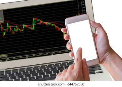 Female Hand Get Smartphone With Stock Chart Fibonacci Retracement Indicator In Monitor Investment Concept